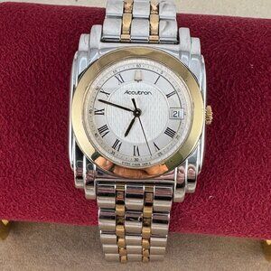 Vintage Sculptured Accutron Bulova T2 Man's Watch 2 Tone Gold & Stainless Steel
